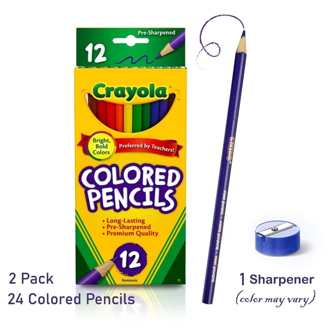 Generic Colored Pencils 12ct 2pk, Assorted Colors, Pre-Sharpened + Bonus Sharpener (Color May Vary) - Vibrant Colors for Art & School Projects