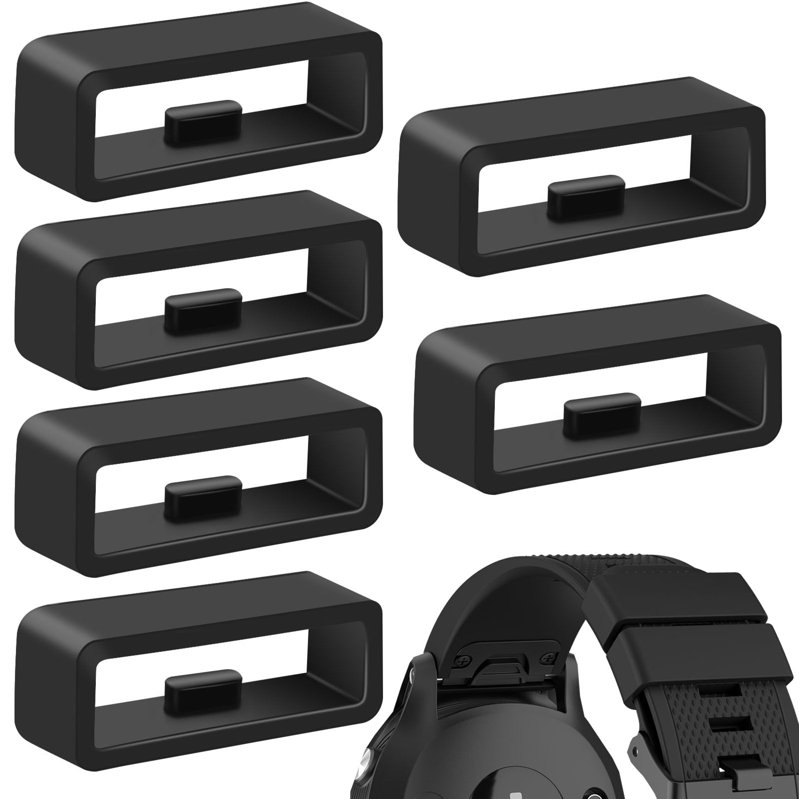 6-Pack Fastener Rings for Garmin Vivoactive 6 5 3/Forerunner 645 245 165 55 45 /Venu Sq Sq2/Vivomove/Fenix 7S 6S 5S Band Keeper, Silicone Replacement Watch Band Loop/Holder/Clips (6*Black)