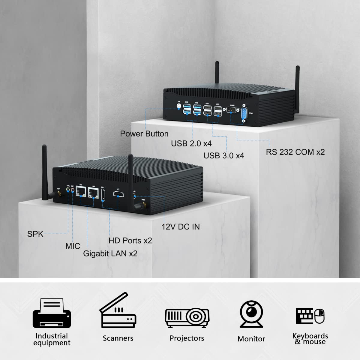 BASOARO Lüfterloser Industrie Mini PC i5, Mini PC Win 11 Pro, 16GB RAM 256GB SSD Core i5 8350U Industrie Computer mit RS232, Dual RJ45 LAN, 2 HD Displays, USB 3.0, Dualband WLAN, BT 2