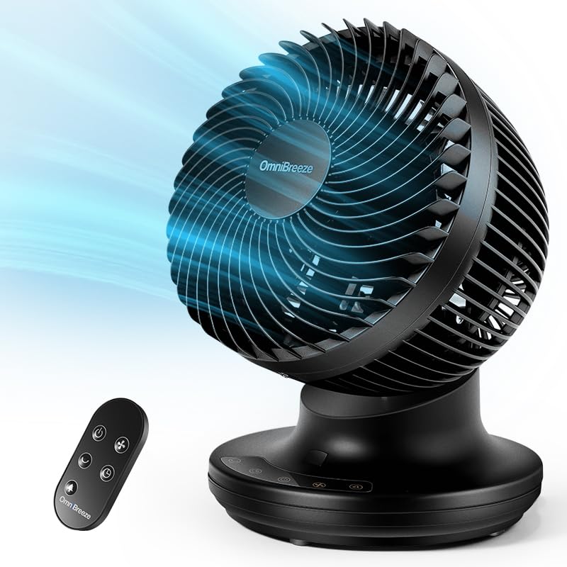 Photo 1 of OmniBreeze 6 Inch Black Table Fan for Bedroom, Desk Air Circulator Fan with Remote, 85° Vertical+60° Automatic Oscillating Fan, 5 Speeds, 7H Timer, LED Display