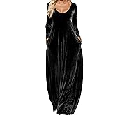 Women's Velvet Maxi Dress Long Sleeve U-Neck Solid Baggy Fall Vintage Velor Dress