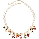 BYETOCE Christmas Jingle Bell Wreath Pendant Necklace Santa Claus Beaded Necklace Xmas Tree Snowman Snowflake Charm Choker Jewelry for Women Christmas New Year Holiday Jewelry Gifts