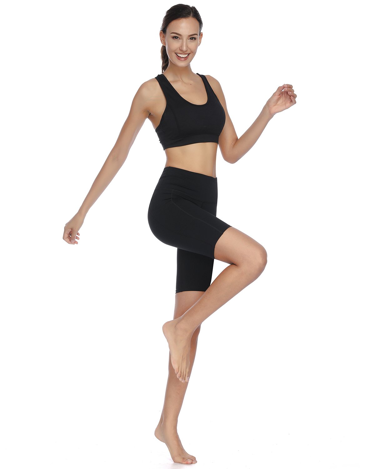 X-HERR Women\'s High Waist Workout Yoga Shorts Power Flex Tummy Control Running Pant with Side Pocket (Black,1X Big)