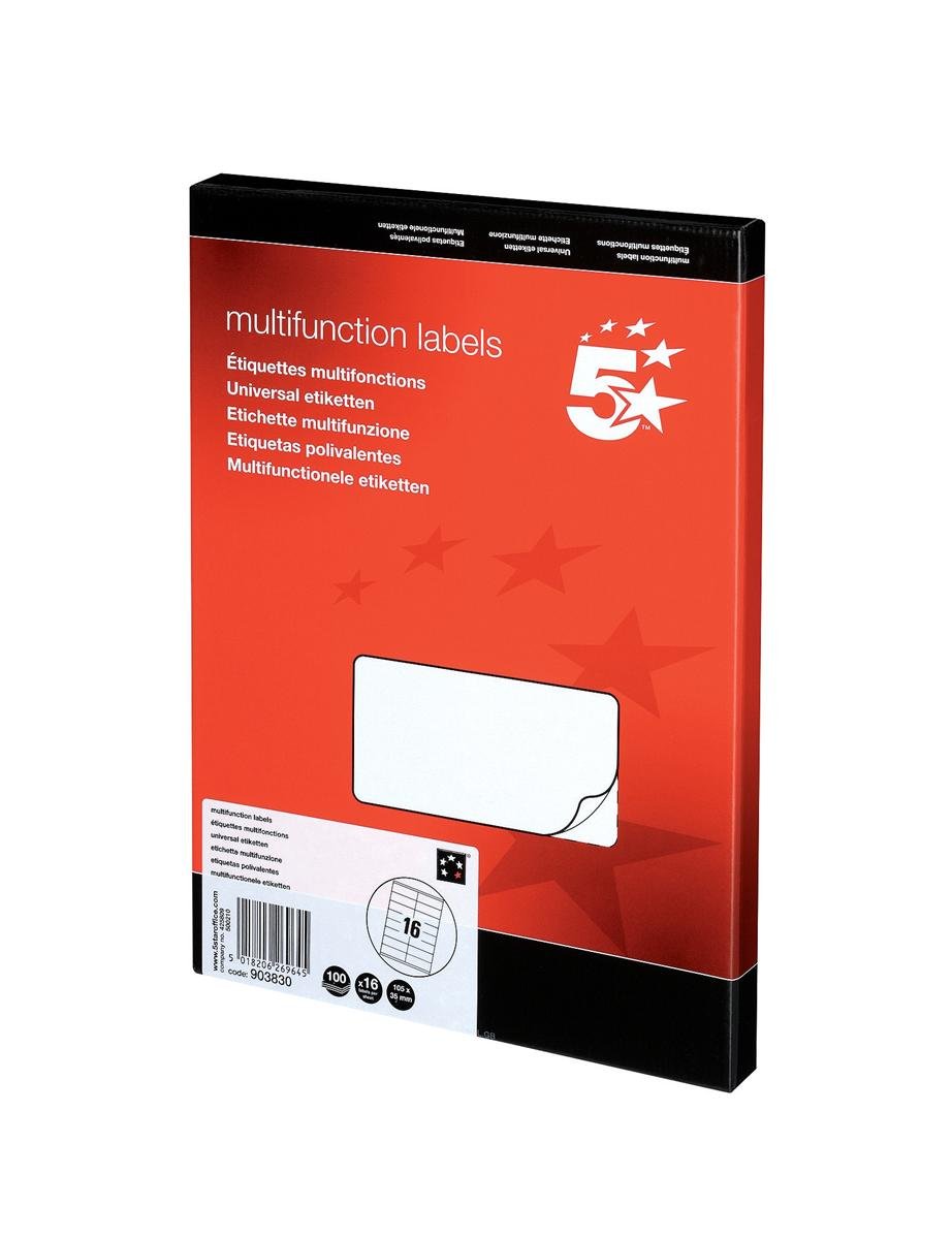 5 Star Labels Laser Copier and Inkjet 105x35mm 16 per Sheet [1600 Labels], White