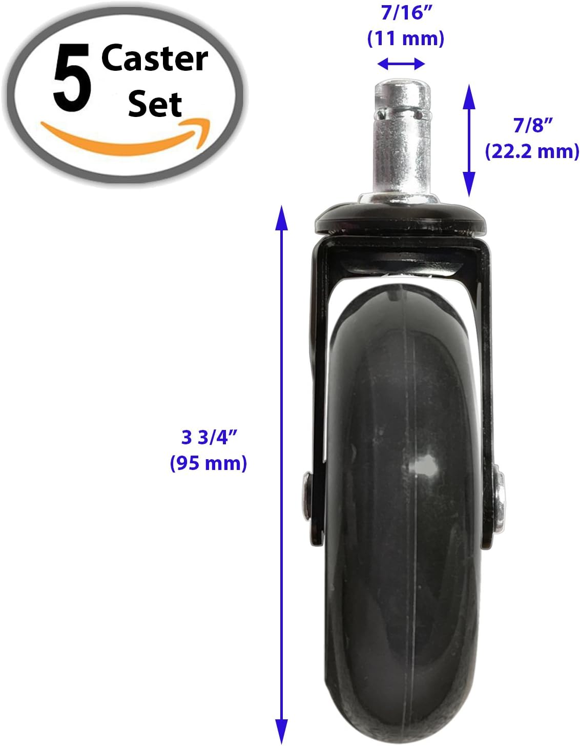 (Set of 5) Office Addiction - Office Chair Replacement Wheels - Hardwood Safe 3-Inch Heavy Duty Replacements - Ball Bearing Swivels - Floor Safe Design - Black/Clear : Office Products
