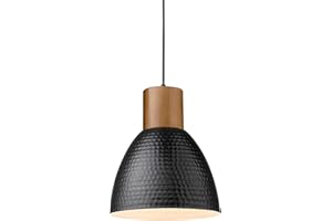 ELYONA Industrial Hammered Pendant Light, Solid Wood Hanging Lamp with 7” Hammered Metal Shade, Farmhouse Pendant Light Fixtures for Kitchen Island, Dining Room, Bedroom, Office, Modern Black, Small
