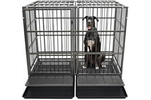 PuppyVacay 54/48/42/38 Inch Heavy Duty Dog Crate Cage with Wheels, Indestructible and Escape Proof Steel Kennel Indoor for High Anxiety Dogs with Sturdy Locks, Double Door and Tray, Extra Large XL XXL