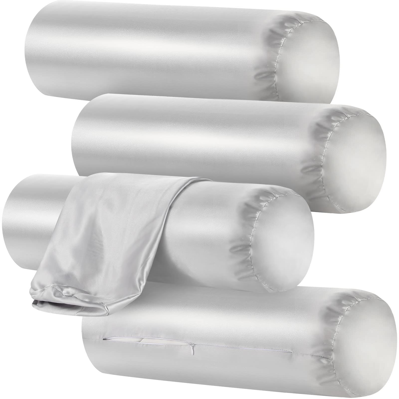 Pack of 4 Neck Pillow Case Cover Only Round Neck Pillow Covers with Zipper Bolster Pillow Cover Cervical Neck Roll Pillow Cover Satin Cylinder Pillow Case Covers Pillowcases (Gray, 18 x 6 inches)