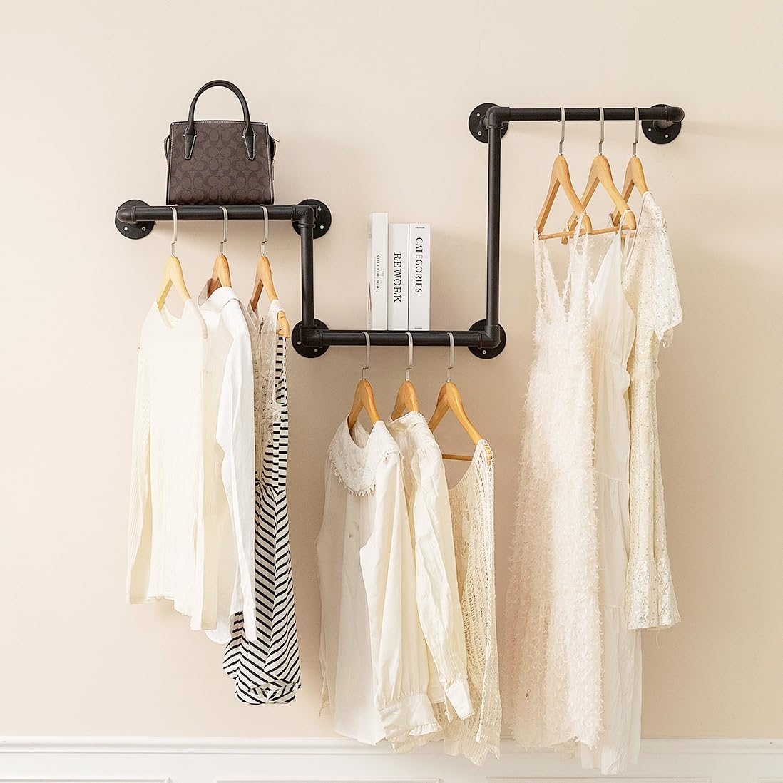 Floating Hanger Rack Industrial Clothing Rack with 2 Floating Shelves, 3 Hanging Rods Wall ...