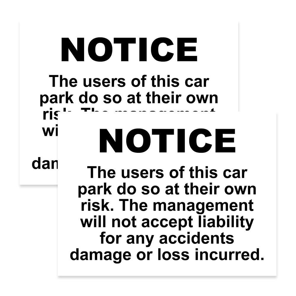 RDLCAR Car Park Liability Disclaimer Signs 1mm Thick PVC Pack of 2 Durable Landscape 300mm x 400mm Warning Signage for Public Parking
