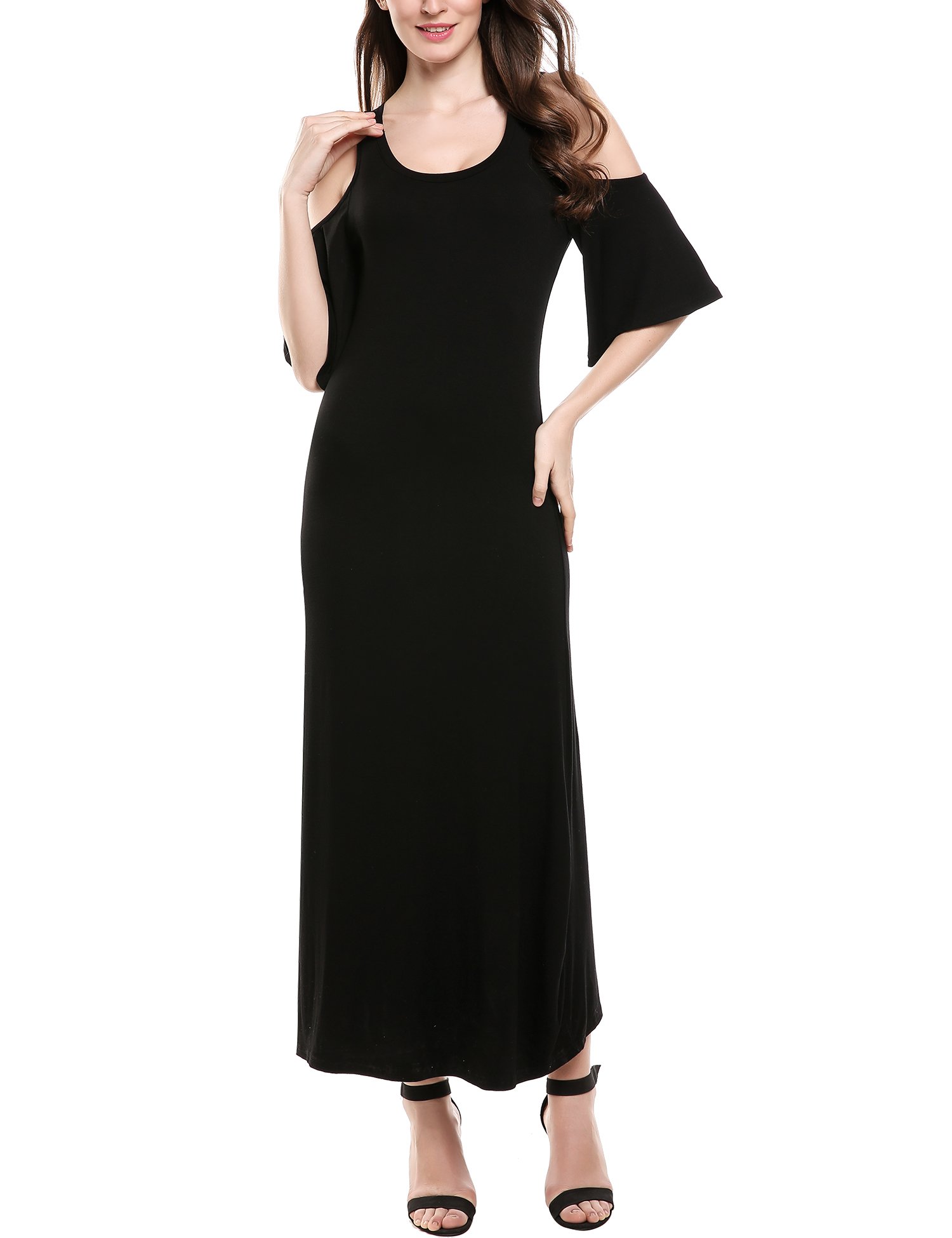 Elesol Women\'s Cold Shoulder Round Neck Ruffle Sleeve Maxi Dress Black S