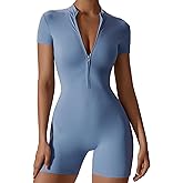 FEOYA Women's One Piece Short Sleeve Yoga Bodysuit Tummy Control Sports Romper Zipper Workout Short Jumpsuit