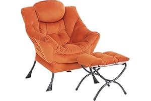 SESHINELL Lazy Chair with Ottoman, Modern Accent Chair Contemporary Lounge Leisure Sofa Chair with Armrests, Reading Chair and Folding Footstool Set for Living Room, Bedroom, Orange