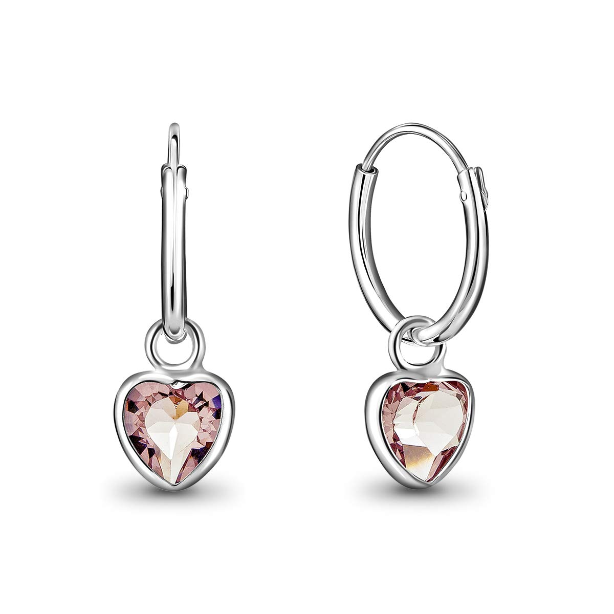 928 Sterling Silver Small Endless Hoops Earrings with Dangling Heart Crystal 5 mm - Sleepers Earrings Amethyst Colour - Thickness 1.5 mm - Outer Diameter: 14 mm