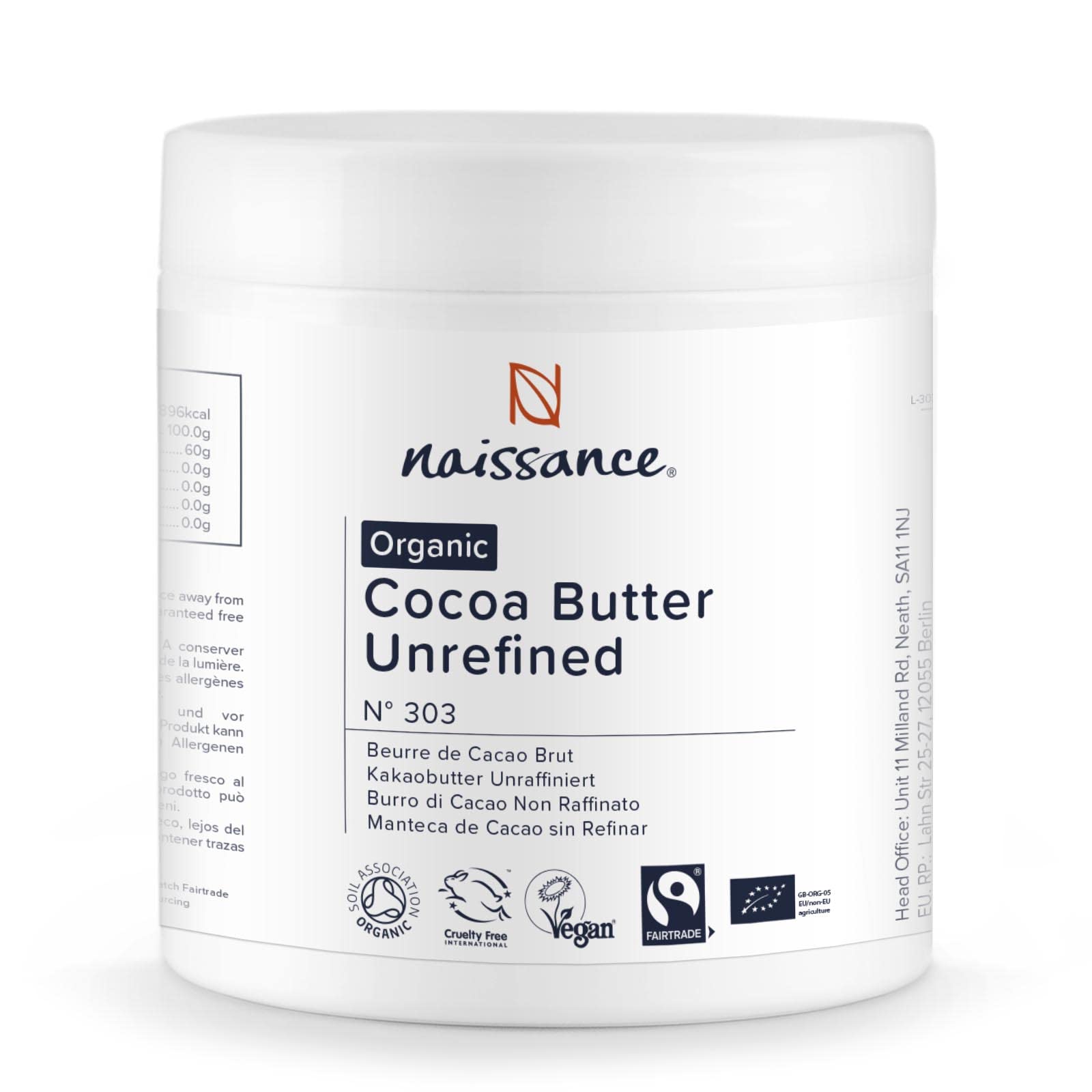 Naissance Organic & Fairtrade Cocoa Butter (no.303) 500g - Pure, Natural, Unrefined, Certified Organic, Vegan, No GMO - Ideal for DIY Beauty Recipes