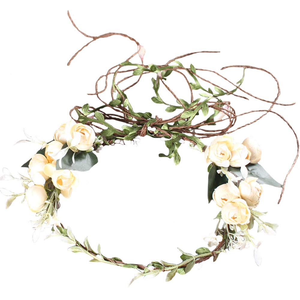 Flower Headband Rose Floral Boho Wreath Garland Hair Hoop Bohemian Headdress Headwear Headpiece Women Girls Crown Leaf Hair Bands Party Decoration Cosplay Costume Handmade Hair Accessories Beige