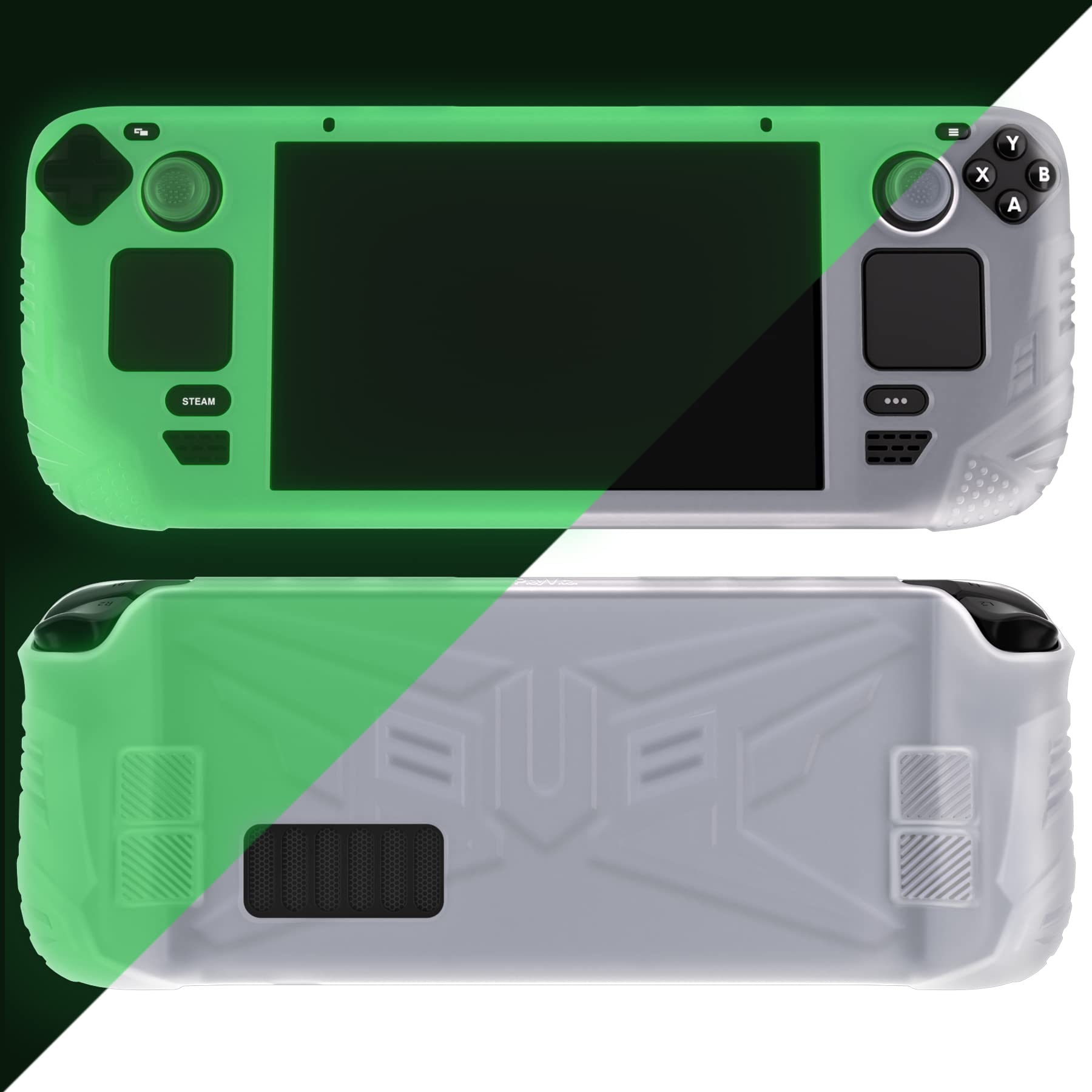PlayVital Armor Series Ergonomic Case for Steam Deck LCD, Protective Silicone Protector with Back Button Enhancement & Thumb Grips for Steam Deck - Glow in Dark Green
