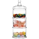 MyGift 16 Inch Modern 3 Tier Clear Glass Stacking Apothecary Jars with Lid | Stackable Storage Containers For Sweets Snacks Cotton Swabs Spices Jewelry Vanity Essentials Countertop Display