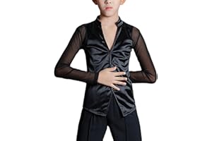 WAIYEEHEI Kids Boys Toddler Spliced Latin Modern Dance Shirt Tops Button Down Slim Salsa Tango Dancewear Mesh Long Sleeve