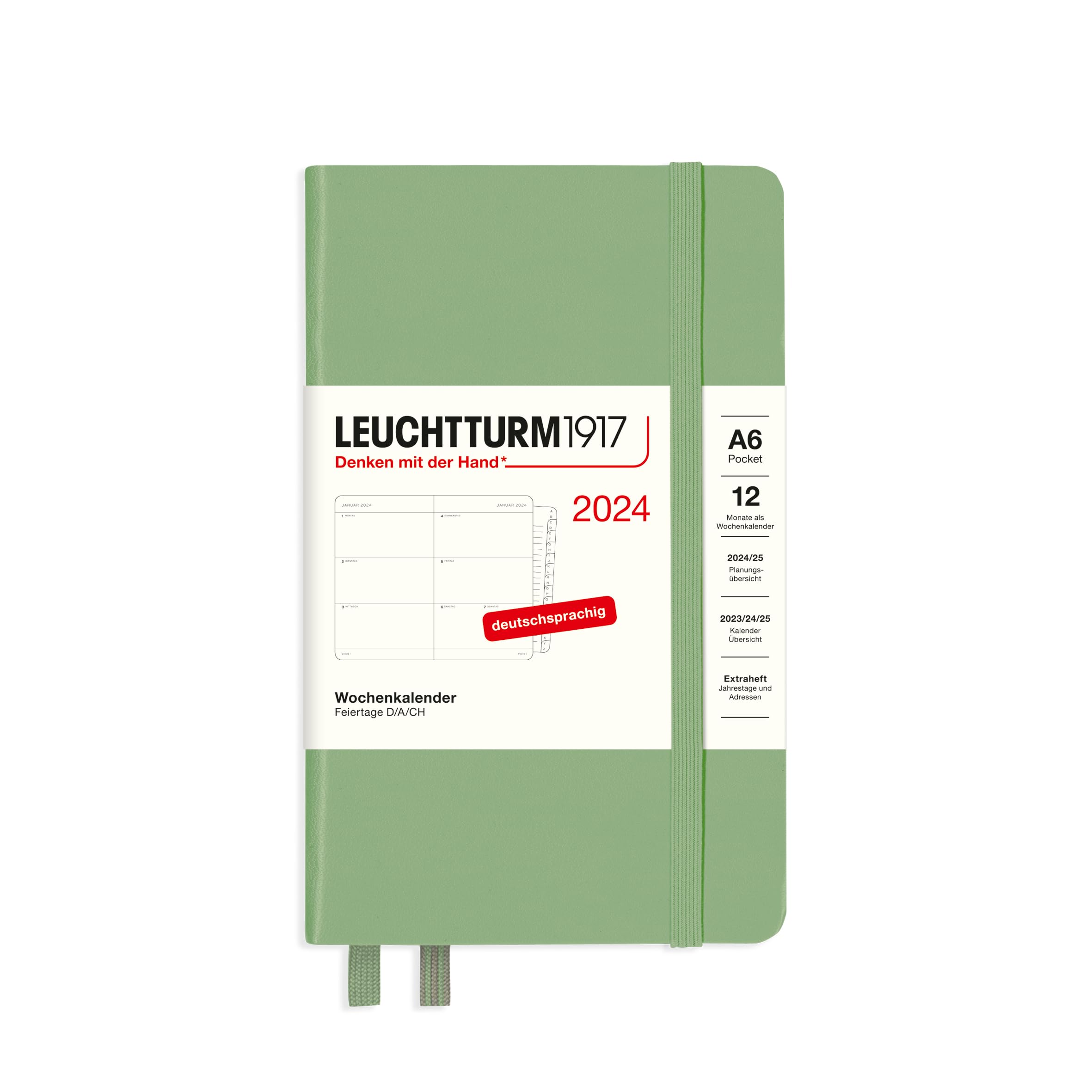 LEUCHTTURM1917 367742 Weekly Calendar & Notebook Pocket (A6) 2024, with Extra Book for Addresses and Anniversaries, Sage, German, 12 Months