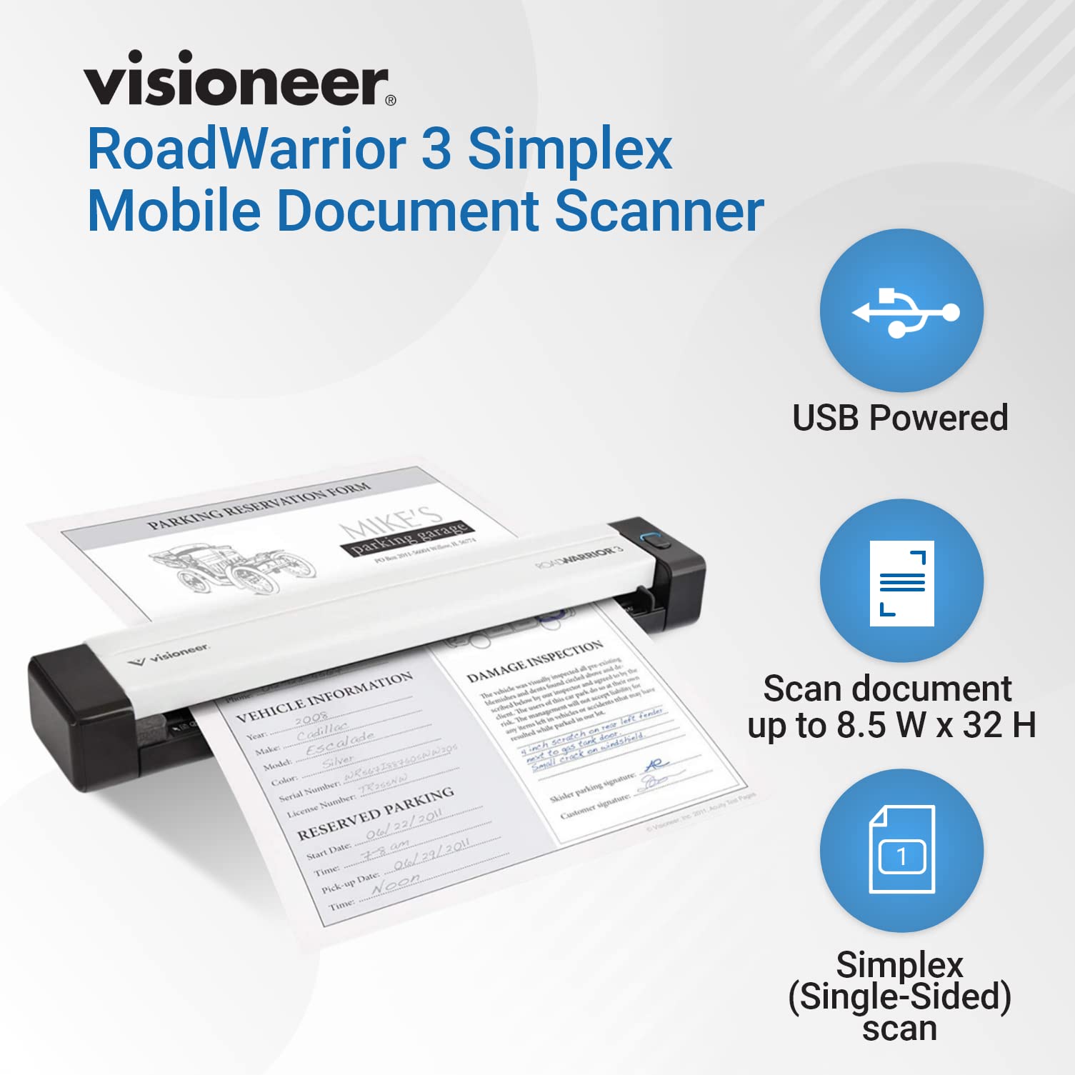 Visioneer RoadWarrior 3 Simplex Mobile Document Scanner for PC and Mac, USB Powered Travel Scanner