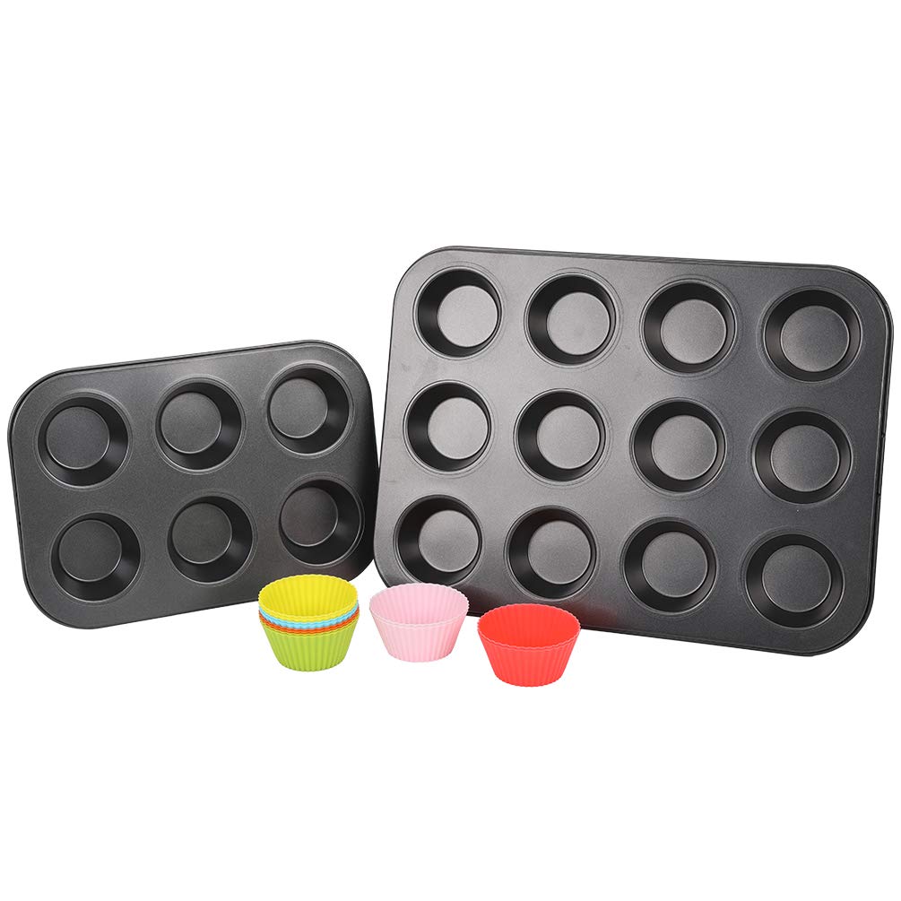 Nonstick carbon steel 12 muffin pan,nonstick 6 cup muffin cupcake pan,silicone cupcake baking cups pack -12 with 6 colors