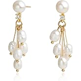 Handmade Freshwater Cultured White Pearls Cluster Dangling Drop Earrings for Women, 14K Gold Plated