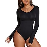 BampooPanPa Deep V Neck Long Sleeve Bodysuits for Women Thong Going Out Tops Body Suits Shapewear