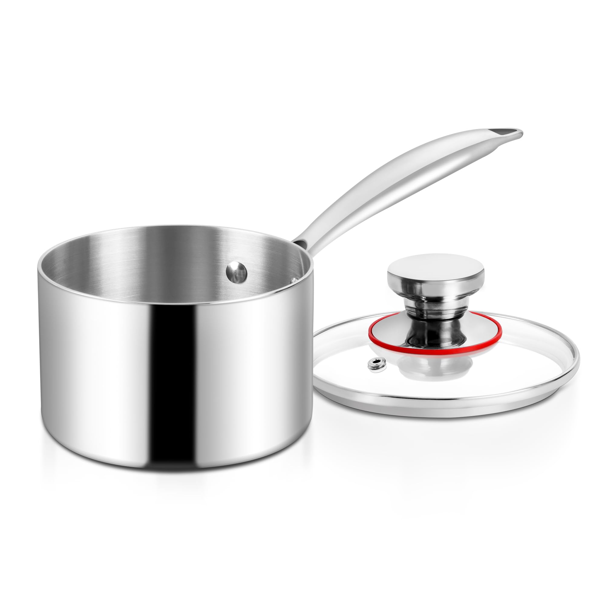Herogo Stainless Steel Saucepan 16cm, 1.7L Sauce Pan with Glass Lid, Triple-Layer Milk Pan, Ergonomic Handle, Induction Cooking, Easy to Clean