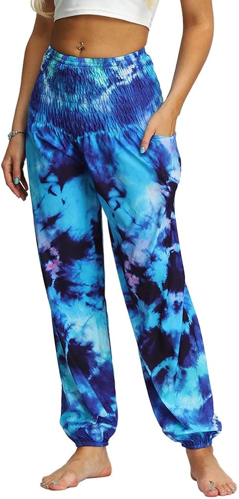 Nuofengkudu Women's Hippie Baggy Harem Trousers Smocked High Waist Soft Bohemian Print Colourful Yoga Pants with Pockets Lightweight Flowy Travel Holiday Beachwear (Blue A,One Size) - Image 3