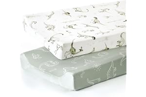 GRSSDER Stretch Ultra Soft Jersey Knit Changing Pad Cover Set 2 Pack, Change Table Pad Covers Fit 32"/34" x 16" Pads Safe and Snug, Pretty Pattern for Baby, Dinosaur