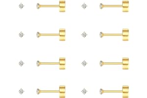 FOSIR 8 Pairs Tiny Flat Back Earrings for Women Men 14K Gold Plated Surgical Stainless Steel Stud Earrings Hypoallergenic Cubic Zirconia Studs Cartilage Earrings 2mm 3mm 4mm