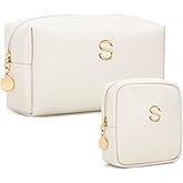 CLOUDWINGS Personalized Birthday Gifts for Women - Initial Makeup Bag Set Travel Toiletry Bag Cosmetic Bags Soft Waterproof PU Leather Makeup Pouch Travel Essentials (Beige,S)
