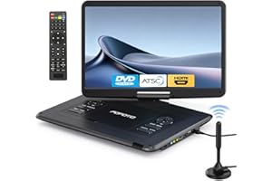 POFOTO 17.5" Portable TV/DVD Player with 15.6" HD Swivel Screen, Built-in ATSC Tuner & FM, Rechargeable Battery, Supports HDMI in/USB/Micro SD/AV Out, Multi-Disc Formats, Black