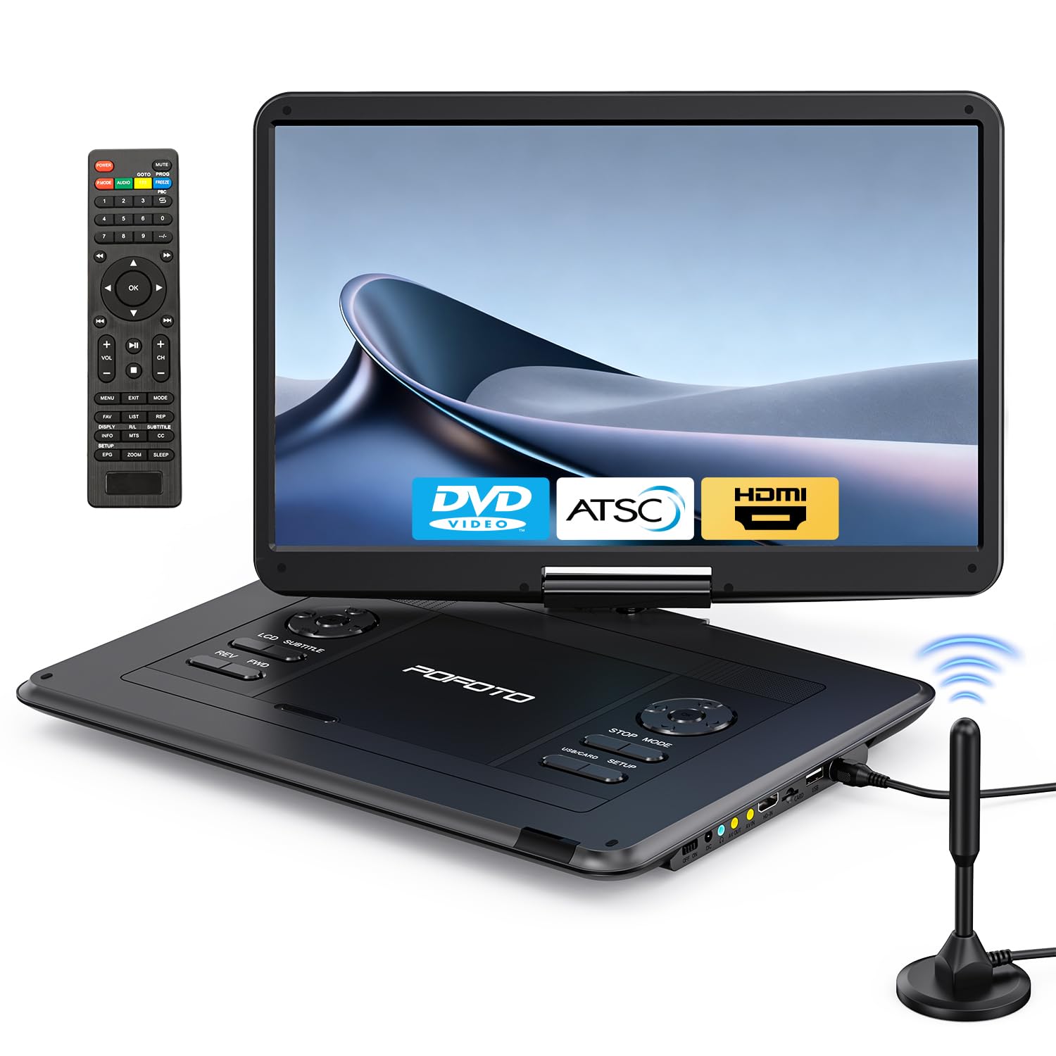 Photo 1 of POFOTO 17.5" Portable TV/DVD Player with 15.6" HD Swivel Screen, Built-in ATSC Tuner & FM, Rechargeable Battery, Supports HDMI in/USB/Micro SD/AV Out, Multi-Disc Formats, Black