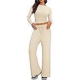 Cozy 2 Piece Lounge Sets for Women, Side Ruched Long Sleeve Top & Wide Leg Pants Casual Matching Tracksuit for Home & Travel