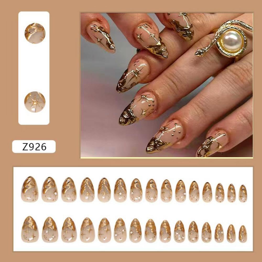 Gold French Tip Press on Nails Short Almond Fake Nails Nude False Nails With 3D Gold Irregularity Chrome Design Glue on Nails Glossy Acrylic Full Cover Star Moon Stick on Nails for Women 24Pcs - Image 2