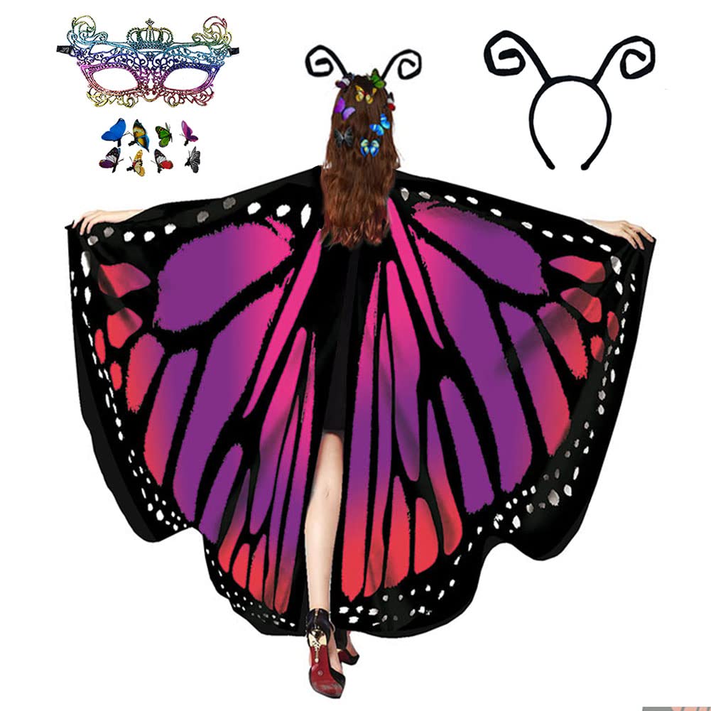 HAPNBCELE Womens Butterfly Wings Costume, Butterfly Cape 11PCS with Lace Masks Hair Clips Halloween Christmas Fairy Cosplay (Red Purple, 165 x 135cm)