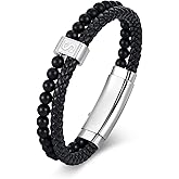 Initial Bracelet for Men Letter Handmade Natural Agate Stone Beaded Braided Black Leather Adjustable Cuff Meaningful Bracelets , Jewelry Gifts, Father's Day Gifts Matching Couple, 7.5-8.3 Inches