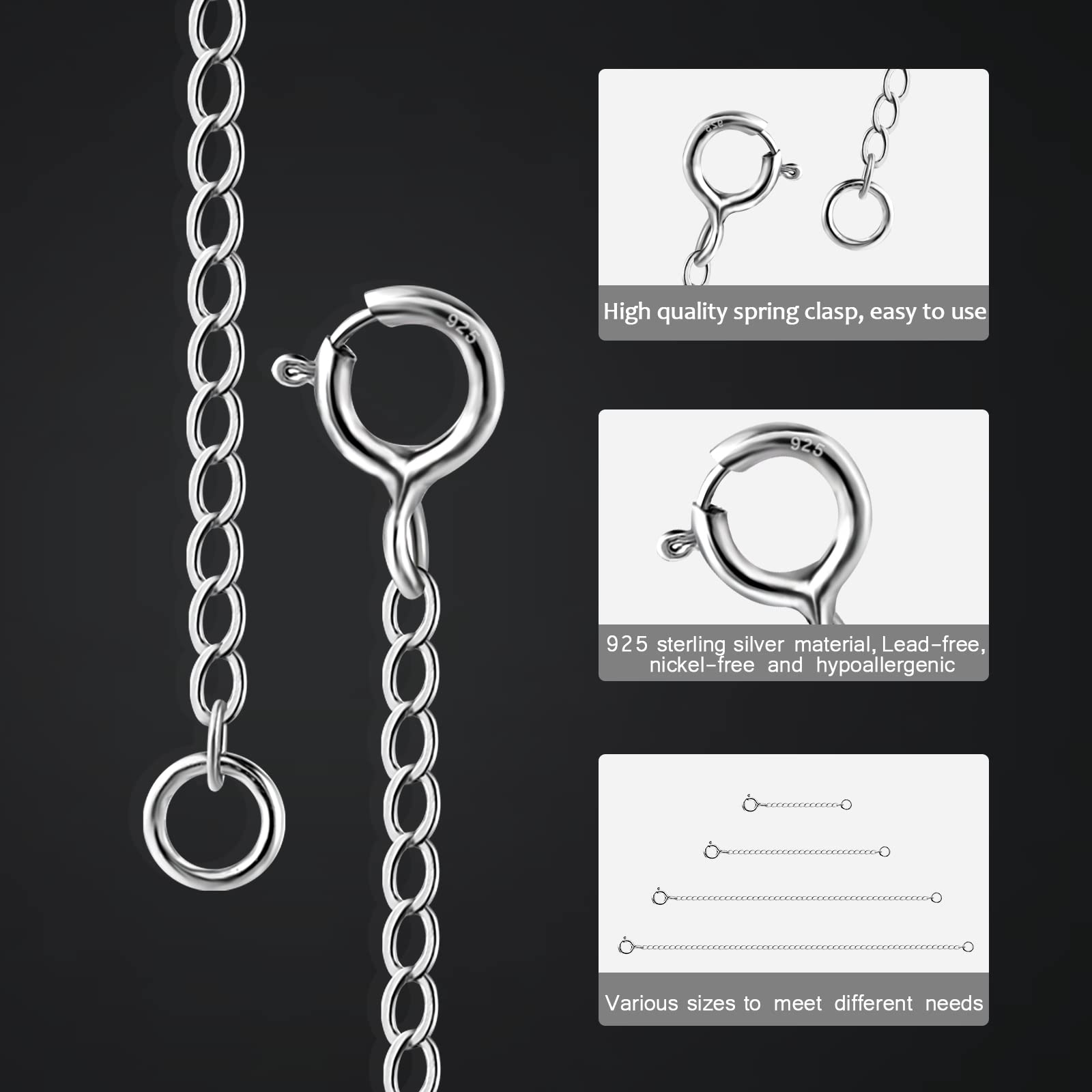 4Pcs 925 Sterling Silver Necklace Extender, Chain Extenders Bracelet Anklet Extension for Women Multiple Necklaces Jewelry (1”, 2”, 3”, 4”)