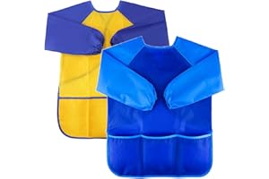 URSKYTOUS 2 Pack Kids Art Smocks Children Painting Aprons Long Sleeve Kids Smock with 3 Pockets Toddler Smocks Gifts for Art Craft, Cooking, Baking, Feeding, Age 3-7 Years, Blue and Yellow