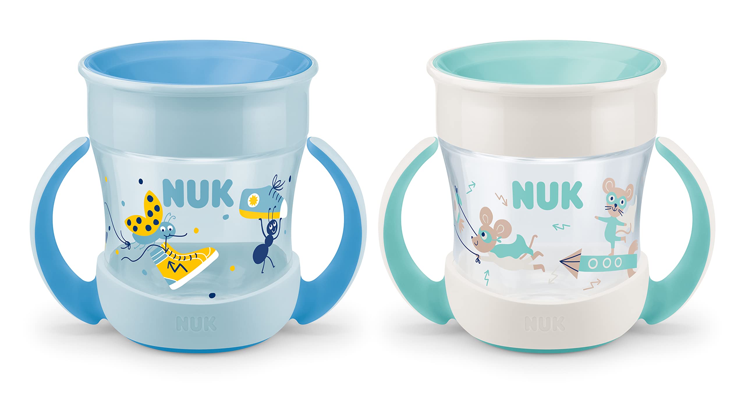 NUK Mini Magic Cup Sippy Cup | 360° Anti-Spill Rim | 6+ Months | Easy Grip Handles | BPA-Free | 160 ml | Blue & Turquoise | 2 Count