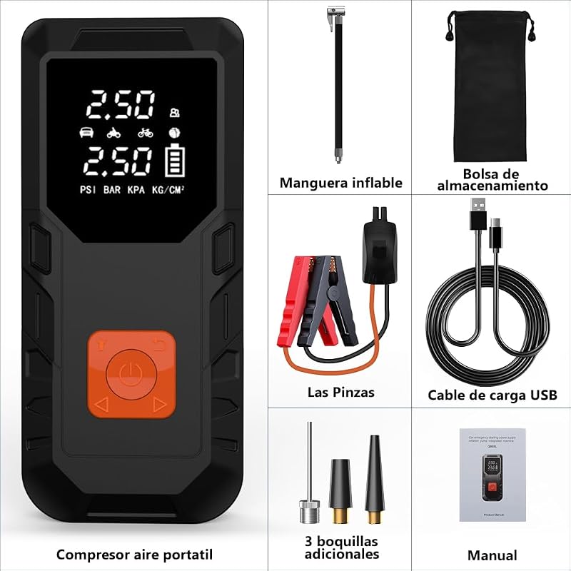 Arrancador de Baterías Coche 12V (Gasolina/Diésel) con 12000mAh Compresor Aire Portátil 150PSI, Power Bank 18W Carga Rápida, Inflador Neumáticos Coche con Linterna LED para Moto Pelotas