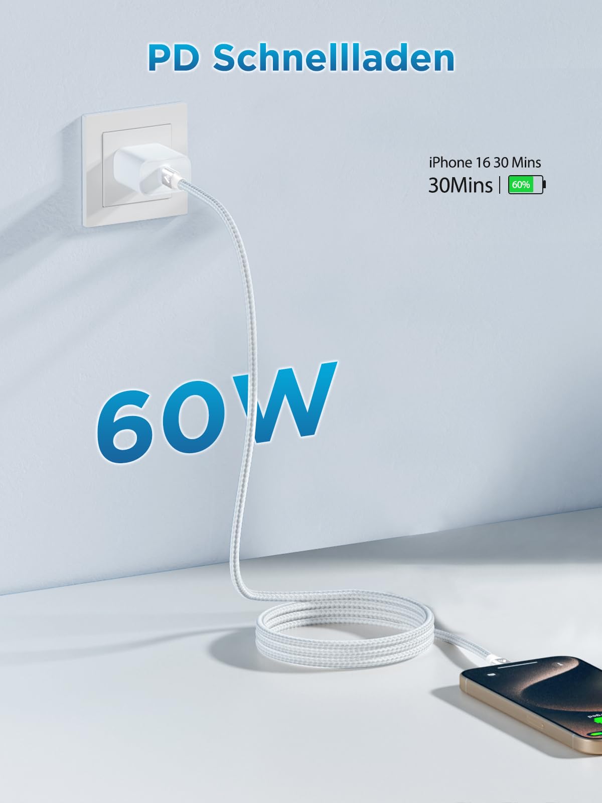 Aioneus 60W USB C Kabel 2M USB C auf USB C Kabel PD Schnellladekabel USB C Nylon Ladekabel USB C für iPhone 17 16 15 Pro Max, Galaxy S25/S24, MacBook Air/Pro, Huawei, Xiaomi 3