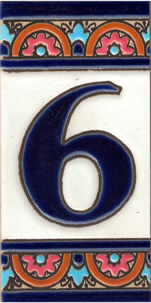 TORO DEL ORO House numbers. Numbers and letters in tile. Enameled ceramic, hand painted technical dry rope. Names and addresses. Blue Bow Design 5.5x10.5cm (Number six "6")