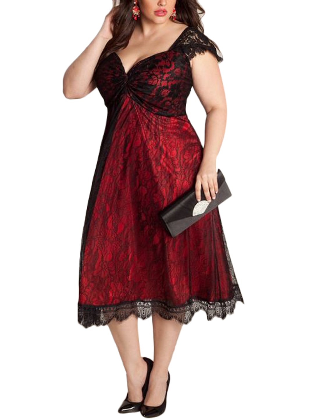 WANTU Womens Gothic V-neck Empire Waist Lace Party Midi Dress (US 22-24, red)