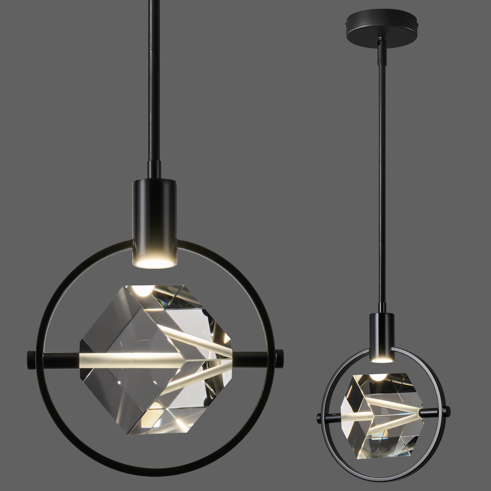 Photo 1 of LIANGMH Modern Crystal Pendant Light in Black Mini Dimmable Integrated LED Light Fixtures Metal Rod Ceiling Black Chandelier for Kitchen Island Bedroom Dining Room Bar(1-Lights)