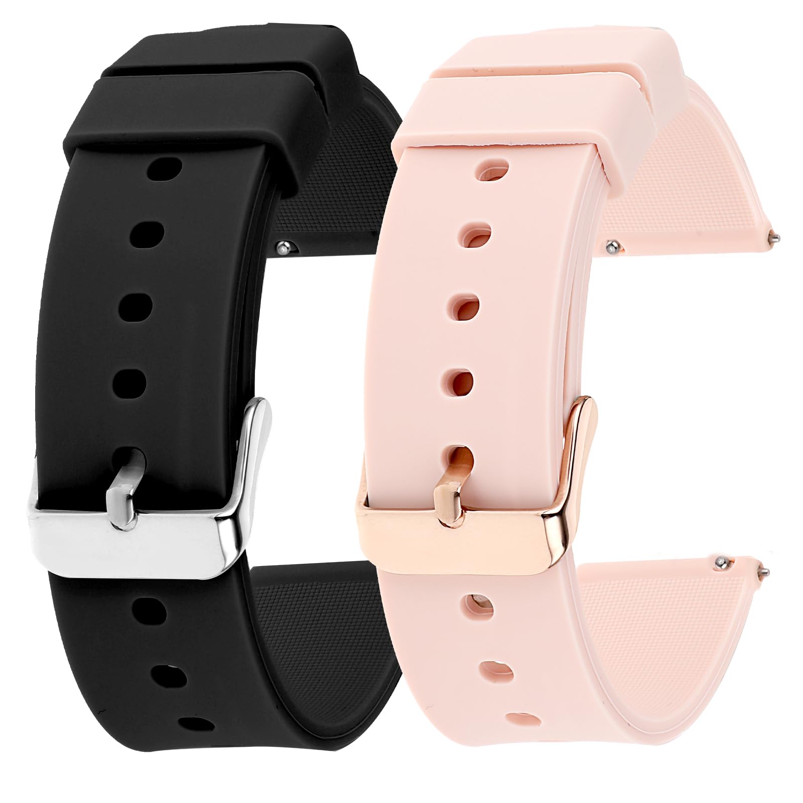 Cobee 2 Pcs Silicone Watch Bands, Quick-Release Waterproof Soft Watch Straps with Silver or Gold Stainless Steel Buckle Compatible with Smart Watch Sport Watch Wrist Straps(18mm, Black and Pink)