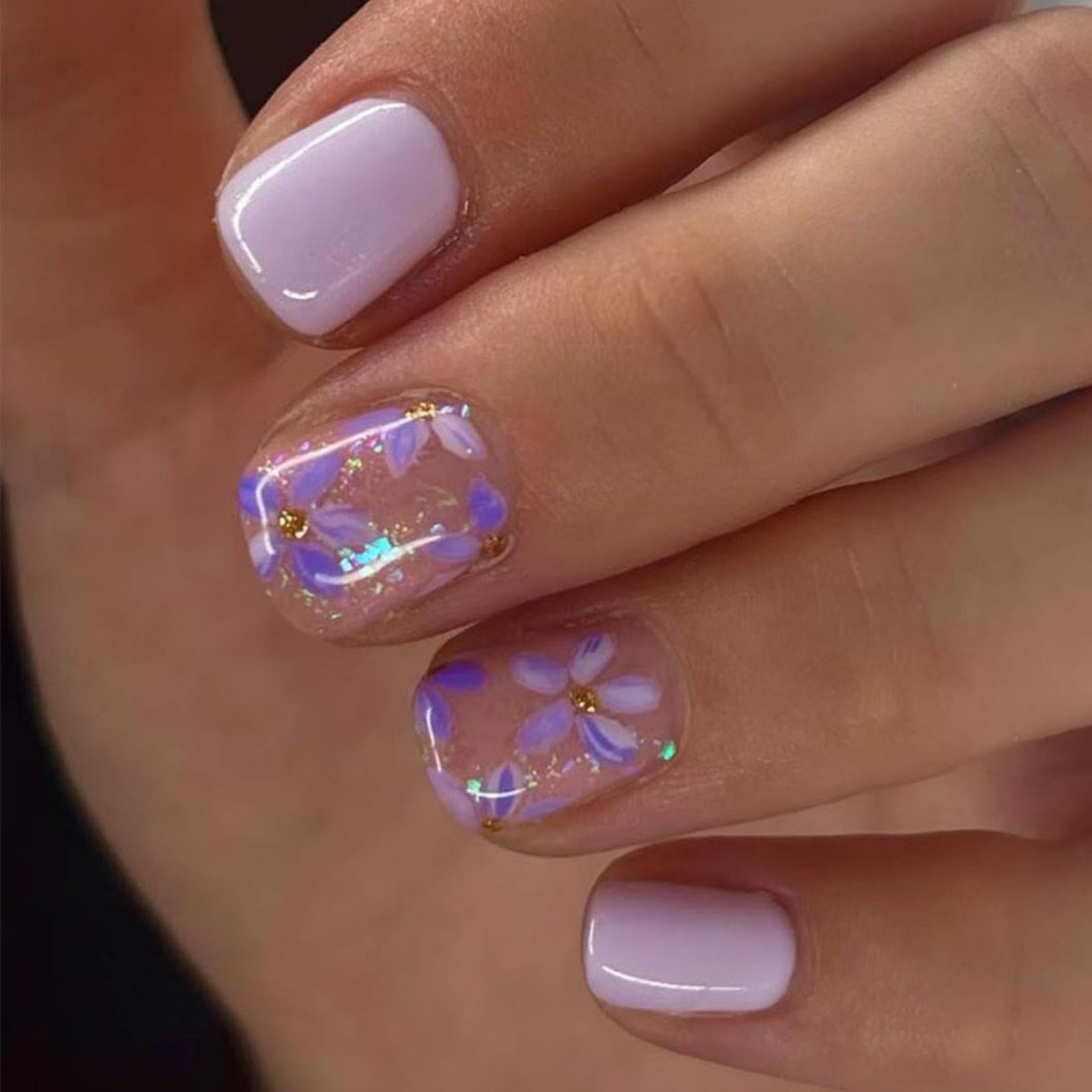 Purple Press on Nails Short Square Fake Nails with Lilac Flower Design Floral Glue on Nails Glossy Glitter Spring Nails Reusable Summer False Nails for Women Girls Daily Wear Manicure 24pcs