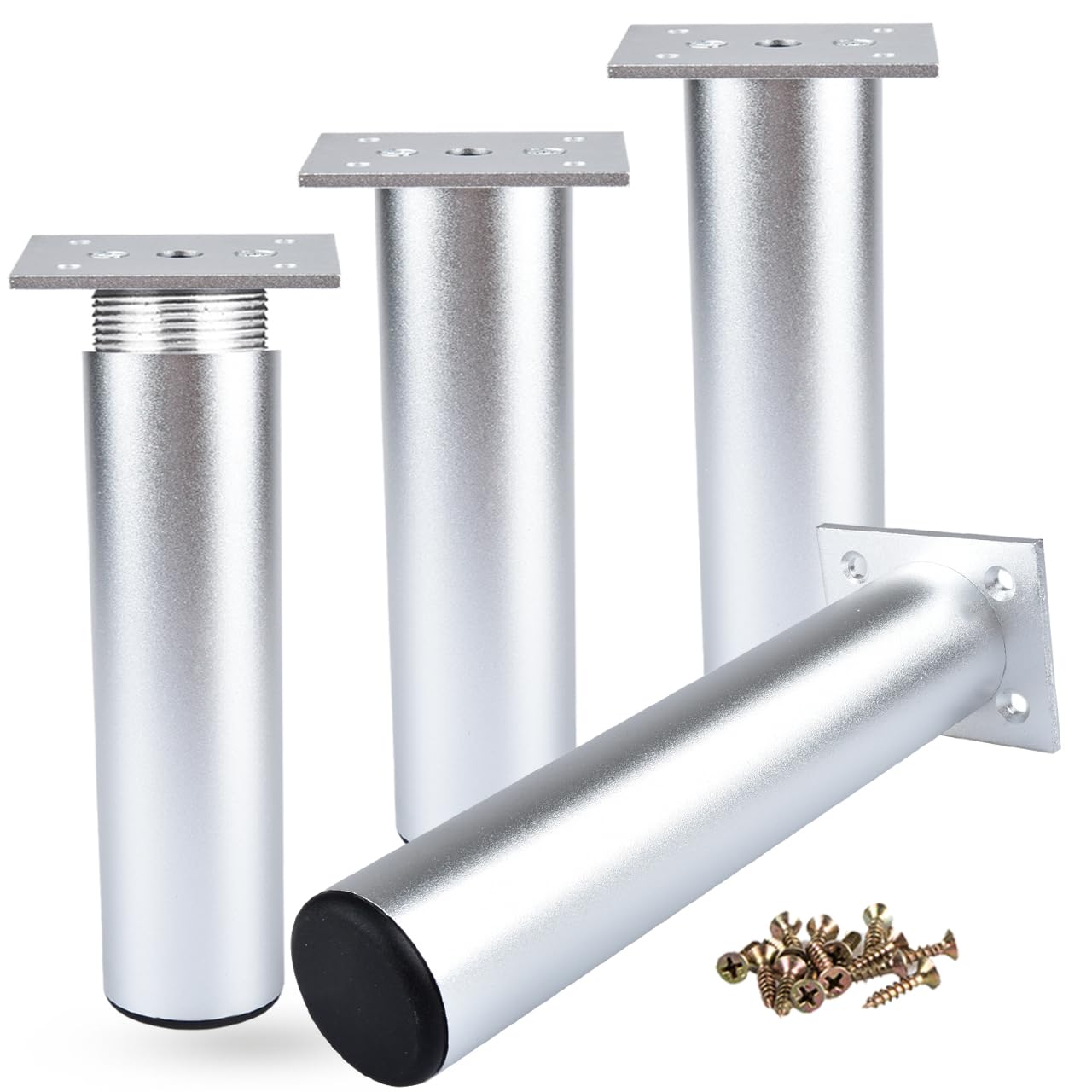 4 Inch / 10cm Metal Furniture Legs, 4Pcs Sliver Round Aluminum Alloy Furniture Feet DIY Replacement Support Leg for Table Cabinet Kitchen TV Stand Desk